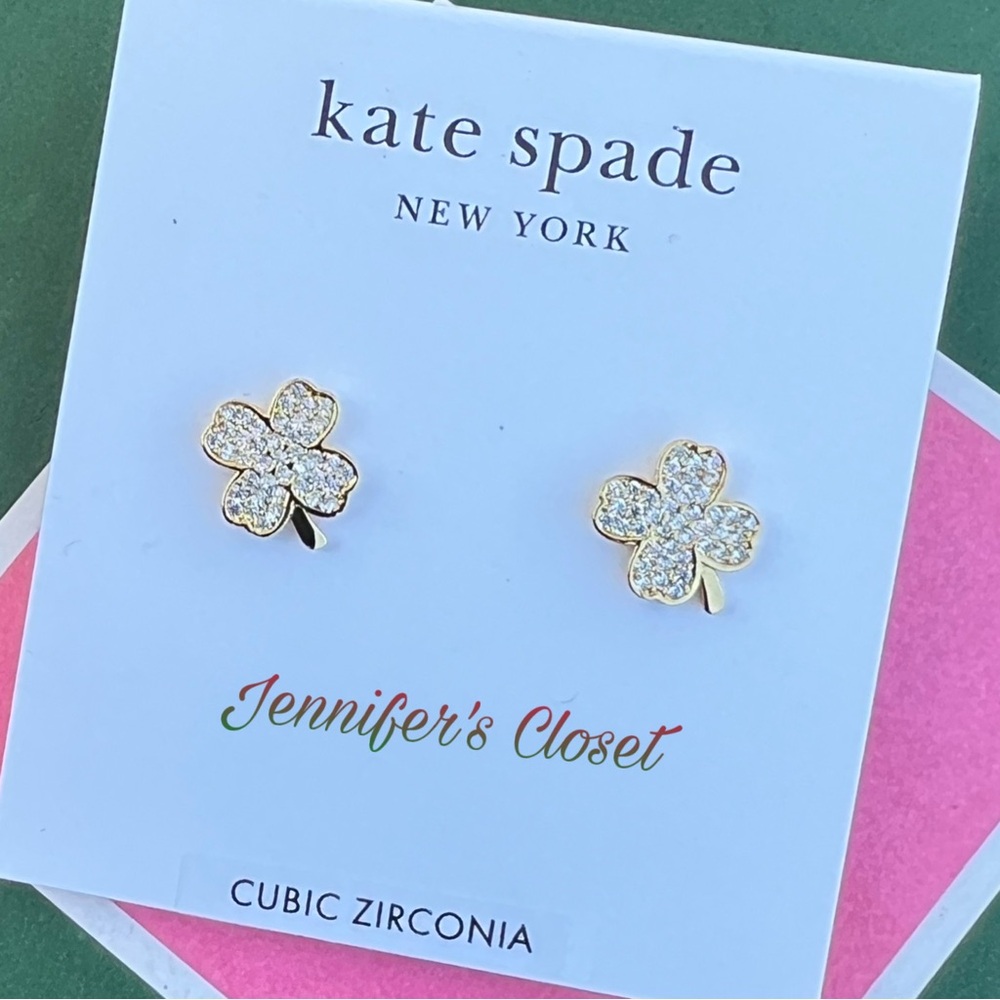 Kate Spade Lucky Charm Gold-Tone Pavé Crystal Clover Stud Earrings NWT - Picture 7 of 8
